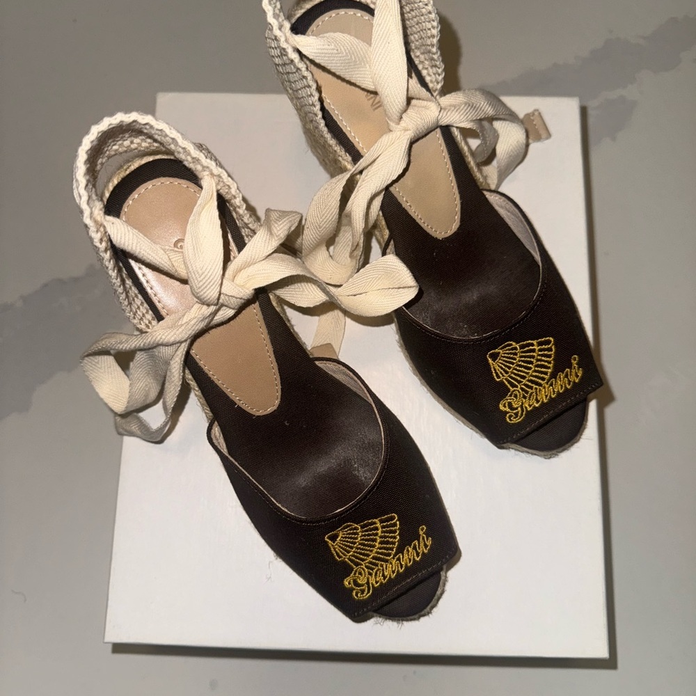Ganni Chocolate Espadrilles with Cream and Gold Embroidery